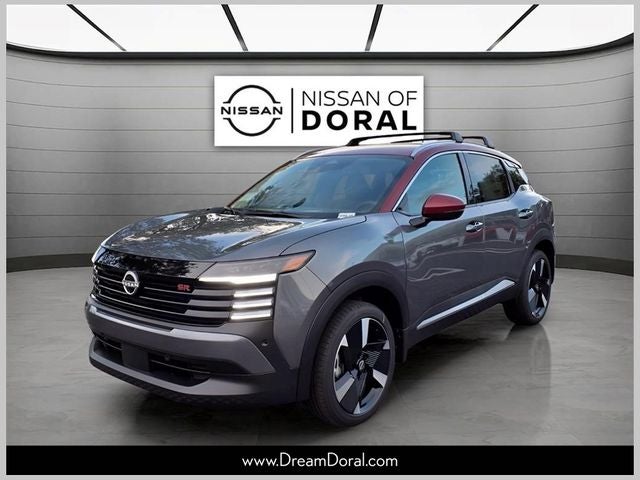 2026 Nissan Kicks SR in Gun Metallic/Scarlet Ember Tintcoat — front three-quarter view