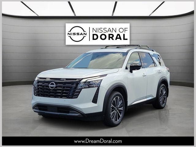 2026 Nissan Pathfinder Platinum in Everest White Pearl Tricoat — front three-quarter view